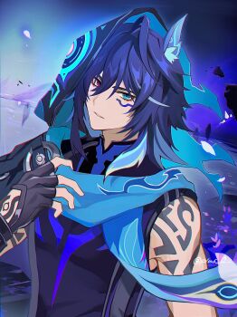 1boy absurdres animal_ear_fluff animal_ears arm_tattoo artist_name black_gloves black_jacket black_shirt blue_eyes blue_hair blue_scarf commentary_request facial_mark falling_petals fingerless_gloves floating_island genshin_impact gloves glowing glowing_petals hair_between_eyes hand_tattoo hand_up heterochromia highres hood hood_up hooded_jacket jacket looking_at_viewer male_focus medium_hair multicolored_hair ororon_(genshin_impact) outdoors parted_lips petals pink_eyes plus_q purple_hair scarf shirt shoulder_tattoo sidelocks sleeveless sleeveless_shirt solo streaked_hair tattoo twitter_username upper_body