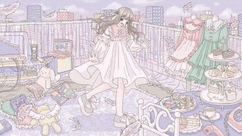 1girl antique_phone ascot black_eyes blonde_hair blunt_bangs book bow bright_pupils cake cake_slice cityscape cloud cloudy_sky computer controller cup dress falling_feathers feathers food frilled_dress frilled_pillow frills full_body game_console game_controller gamepad green_dress hair_ribbon heart heart-shaped_pupils highres hourglass laptop long_hair looking_down macaron nekomaru0817 open_book open_mouth original pillow pink_ascot pink_dress plate playstation_1 purple_sky purple_theme railing ribbon shoes sky solo spoon spread_fingers stuffed_toy symbol-shaped_pupils table teacup teeth television white_bow white_dress white_pupils white_ribbon white_shoes