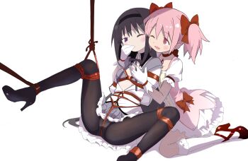 2-ningumi_no_onna_no_ko_wo_mimamoru_hito 2girls akemi_homura akemi_homura_(magical_girl) bdsm black_hair black_pantyhose black_shoes bondage bound bow bra commentary commission dress gloves grey_bra hair_bow high_heels highres kaname_madoka kaname_madoka_(magical_girl) loli mahou_shoujo_madoka_magica mahou_shoujo_madoka_magica_(anime) multiple_girls one_eye_closed open_clothes open_mouth open_shirt pantyhose pink_dress pink_eyes pink_hair pixiv_commission purple_eyes red_bow red_shoes shibari shibari_over_clothes shirt shoes short_twintails simple_background smile socks soul_gem spread_legs twintails underwear white_background white_gloves white_shirt white_socks yuri