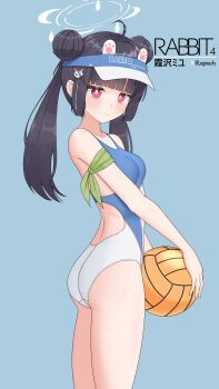 1girl absurdres ahoge alternate_hairstyle armband ass ball black_hair blue_archive blue_background blunt_bangs breasts character_name competition_swimsuit double_bun hair_bun halo highres long_hair looking_at_viewer miyu_(blue_archive) one-piece_swimsuit rabbit_ornament red_eyes sembem sidelocks simple_background small_breasts solo swimsuit twintails twitter_username two-tone_swimsuit visor_cap volleyball_(object) white_halo