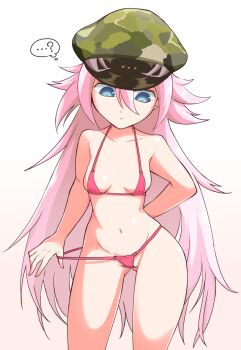... 1girl ? belial_(megido72) bikini bikini_tug blue_eyes breasts camouflage camouflage_hat commentary contrapposto feet_out_of_frame gluteal_fold hat highres inarou_(rakugakiproject) long_hair looking_down megido72 micro_bikini navel pear-shaped_figure petite pink_bikini pink_hair small_breasts solo spoken_ellipsis spoken_question_mark swimsuit very_long_hair