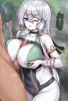 1boy 1girl armlet atelier_(series) atelier_ryza breasts bright_pupils censored clothed_female_nude_male commentary_request covered_navel cum ejaculation gradient_hair grey_hair hair_between_eyes hetero highres jewelry large_breasts large_variant_set lila_decyrus mosaic_censoring multicolored_hair nipple_slip nipples nude one-piece_swimsuit one_eye_closed open_mouth paizuri pale_skin purple_eyes r-binon solo_focus speech_bubble swimsuit translation_request variant_set white_pupils