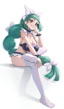 1girl absurdres bikini blunt_bangs bow bowtie braid braided_ponytail breasts cleavage collar collarbone commentary_request crossed_legs gonzarez green_hair grin highres large_breasts lebanne_(pokemon) long_braid long_hair looking_at_viewer maid maid_bikini maid_headdress navel nintendo open_mouth pokemon pokemon_legends:_z-a sitting smile solo stomach swimsuit teeth thighhighs tsurime unconventional_maid white_bow white_bowtie white_thighhighs