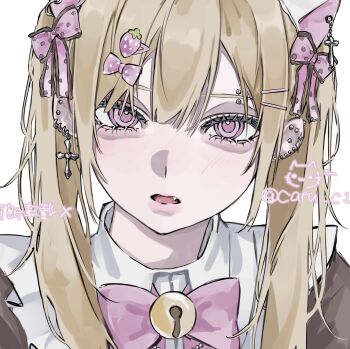 1girl aegyo_sal animal_ears bell blonde_hair bow caru_c1 cat_ears commentary cross cross_earrings ear_piercing earrings english_commentary eyebrow_piercing face_piercing fang gyaru hair_between_eyes hair_bow hair_ornament hairclip highres jewelry jingle_bell long_hair looking_at_viewer open_mouth original piercing pink_bow pink_eyes portrait simple_background solo twintails white_background