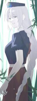 1girl bamboo bamboo_forest blue_dress braid dress forest from_behind grey_eyes hashtag-only_commentary hat highres ktsis long_hair looking_at_viewer looking_back nature nurse_cap pale_skin parted_lips red_dress short_sleeves sidelocks smile solo touhou two-tone_dress very_long_hair white_hair yagokoro_eirin