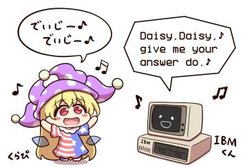1girl american_flag_dress arms_up beamed_eighth_notes beamed_sixteenth_notes blonde_hair blush_stickers chibi clownpiece commentary_request computer eighth_note english_text fairy_wings hat highres ibm jester_cap long_hair mixed-language_text monitor musical_note neck_ruff open_mouth polka_dot_headwear purple_hat red_eyes shitacemayo smile solo touhou translation_request wings