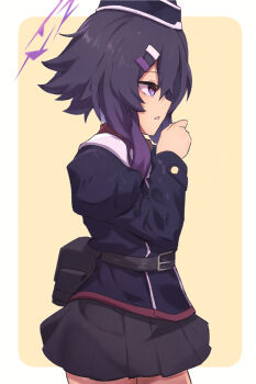 1girl bag belt black_skirt blue_archive commentary_request cowboy_shot garrison_cap hair_ornament hairclip halo hand_up haruka_(blue_archive) hat highres jacket juliet_sleeves konntena long_hair long_sleeves looking_ahead pleated_skirt puffy_sleeves purple_eyes purple_hair purple_halo simple_background skirt solo yellow_background