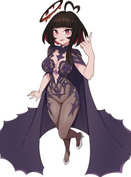 1girl ahoge black_hair blunt_bangs bodysuit breasts bright_pupils brown_bodysuit brown_halo brown_lips chronopattern_dress cleavage cleavage_cutout cloak closed_mouth clothing_cutout colored_inner_hair commentary commission dress english_commentary full_body halo hand_up heart heart_ahoge high_heels highres large_breasts lipstick looking_at_viewer makeup melting_halo mole mole_on_breast multicolored_hair oninuer original purple_cloak purple_dress red_eyes shoes short_hair_with_long_locks silver_shoes simple_background smile solo standing v white_background white_pupils