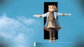 Rule 34 | 1girl, :d, ^ ^, a.i. voice, adachi rei, android, black sweater, closed eyes, coat, full body, gloves, grey skirt, hair ornament, highres, open clothes, open coat, open mouth, orange hair, outstretched arms, parody, parodysenyou, shoes, side ponytail, skirt, smile, sneakers, solo, spread arms, stairs, sweater, the truman show, turtleneck, turtleneck sweater, utau, white coat, white gloves, white shoes