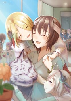 Rule 34 | 6+girls, absurdres, aoi erika, asakura karen (heaven burns red), bandaged head, bandages, blonde hair, bracelet, byakko (heaven burns red), chiyo minase, commentary request, heaven burns red, highres, higuchi seika, hiiragi kozue, hospital gown, hug, hug from behind, izumi yuki (heaven burns red), jewelry, kayamori ruka, minase ichigo, minase sumomo, multiple girls, short hair