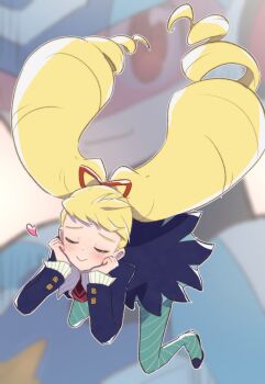 1boy 1girl blonde_hair blue_dress blue_pantyhose blush bow closed_eyes dress drill_hair geo_stelar_(mega_man) hair_bow heart kika_tohoku long_hair luna_platz_(mega_man) mega_man_(series) mega_man_star_force_(series) omega-xis_(mega_man) pantyhose smile star_force_mega_man striped_clothes striped_pantyhose twin_drills very_long_hair