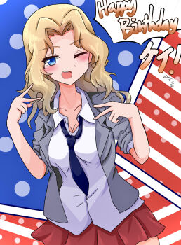 1girl ;d absurdres american_flag american_flag_background blonde_hair blue_eyes blue_necktie breasts cardigan cleavage commentary_request cowboy_shot double_v girls_und_panzer grey_cardigan hair_intakes happy_birthday highres kay_(girls_und_panzer) medium_breasts miniskirt necktie one_eye_closed open_mouth red_skirt saunders_school_uniform school_uniform shirt skirt smile solo v vought_f4u white_shirt