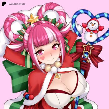 Rule 34 | 1girl, absurdres, artist name, blunt bangs, bow, breast press, breasts, candy, candy cane, cape, christmas, closed mouth, decorating christmas tree, eyebrows hidden by hair, food, green bow, hair bow, hair rings, hayato stuff, highres, hortensia (fire emblem), hortensia (winter's dearest) (fire emblem), large breasts, long hair, looking at viewer, original, pink background, pink eyes, pink hair, red bow, red cape, smile, snowman, solo, standing, twintails