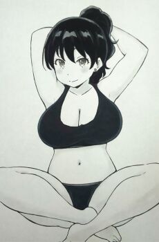 1girl arato_nagi arms_behind_head bra breasts cleavage crossed_legs ear_piercing greyscale gyupolo9 highres large_breasts long_hair monochrome navel panties piercing ponytail ruri_no_houseki sitting smile traditional_media underwear