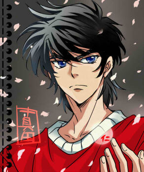 Rule 34 | 1boy, black hair, blue eyes, frown, grey background, hair between eyes, lips, looking at viewer, male focus, petals, red shirt, sanada ryou, shirt, short hair, sidelocks, sisido (black candy), solo, upper body, yoroiden samurai troopers