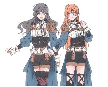 2girls black_hair black_shorts blue_eyes breasts corset ff14hioo_oo7 final_fantasy final_fantasy_xiv gaia_(ff14) hair_ribbon long_hair looking_at_viewer multiple_girls orange_hair pink_ribbon ribbon ryne_waters shirt shorts simple_background smile thighhighs white_background white_shirt