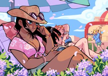 1boy 2girls arm_up black_hair body_freckles bracelet commentary crossed_legs drinking_straw drinking_straw_in_mouth english_commentary evichuart facial_hair floating_hair freckles goatee hat highres jewelry leg_hair long_hair multiple_girls mustache nami_(one_piece) necklace nico_robin one_piece orange_hair outdoors petals sanji_(one_piece) short_hair smile straw_hat sunglasses