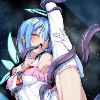 1girl bare_shoulders blue_hair blush breasts choker commentary_request detached_wings djibril_(makai_tenshi_djibril) drooling elbow_gloves energy_wings gloves glowing glowing_wings grabbed_by_tentacles green_eyes half-closed_eyes halo highres implied_sex leg_lift leg_up leotard looking_at_viewer magical_girl makai_tenshi_djibril manabe_rika medium_breasts one-piece_swimsuit open_mouth pink_choker restrained saliva schopdehollyhotter short_hair solo split standing standing_on_one_leg standing_split swimsuit teeth tentacles tentacles_under_clothes thighhighs tongue tongue_out white_gloves white_leotard white_one-piece_swimsuit white_thighhighs wings