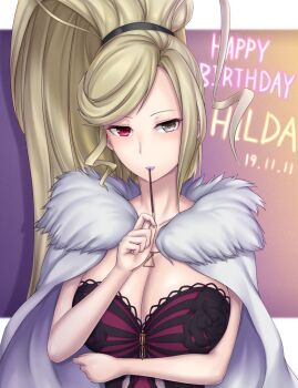 1girl absurdly_long_hair alternate_costume black_eyes blonde_hair breasts cleavage dated dress feather_boa food fur_trim happy_birthday heterochromia high_ponytail highres hilda_(under_night_in-birth) holding holding_food holding_pocky large_breasts long_hair looking_at_viewer official_alternate_costume pink_dress pocky ponytail red_eyes solo soukitsu swept_bangs under_night_in-birth upper_body very_long_hair