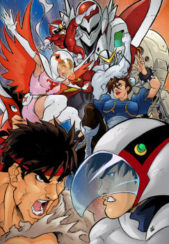 3girls 5boys angry black_hair blue_eyes bodysuit breasts brown_eyes brown_hair capcom casshern casshern_(series) china_dress chinese_clothes chun-li clash crossover aiba_takaya doronjo dress epic grin headband helmet highres jun_the_swan ken_the_eagle lost_planet mask multiple_boys multiple_girls open_mouth pantyhose ptx-40a robot_hunter_casshern ryu_(street_fighter) scarf skirt smile street_fighter tatsunoko_production tatsunoko_vs._capcom tekkaman_blade viewtiful_joe viewtiful_joe_(character) wings yatterman