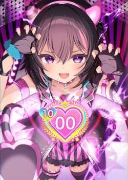 1girl absurdres animal_ears black_gloves black_hair blush choker claw_pose fake_horns fang fingerless_gloves gloves hair_between_eyes highres horns looking_at_viewer multicolored_hair nail_polish nanashi_(nanashi_234) ongeki open_mouth polka_dot purple_eyes purple_hair short_hair skirt smile solo streaked_hair striped_clothes striped_gloves thighhighs v-shaped_eyebrows yuuki_riku