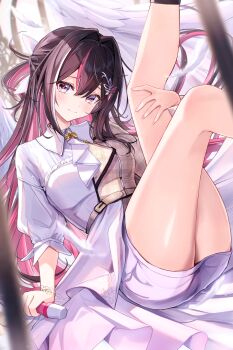 1girl ascot asymmetrical_sidelocks azki_(4th_costume)_(hololive) azki_(hololive) bracelet braid brown_jacket closed_mouth collared_dress colored_inner_hair double-parted_bangs dress falling_petals feathered_wings hair_between_eyes hair_intakes hair_ornament hairclip half-jacket half_up_half_down_braid highres holding holding_microphone hololive jacket jewelry legs_up long_hair looking_at_viewer microphone mole mole_under_eye multicolored_hair petals pink_hair puffy_sleeves sidelocks skirt skirt_under_dress smile solo streaked_hair three-quarter_sleeves very_long_hair white_ascot white_dress white_hair white_skirt white_wings wings yuki_haru