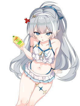 Rule 34 | 1girl, ahoge, anger vein, arm support, bikini, bikini skirt, blue eyes, bottle, bracelet, collarbone, commentary request, cowboy shot, female tyrant (stella sora), female tyrant (swimsuit) (stella sora), frilled bikini, frills, from above, grey hair, hair between eyes, hair ribbon, hairband, highres, holding, holding bottle, jewelry, long hair, looking at viewer, looking up, maxwelzy, navel, official alternate costume, official alternate hairstyle, pointy ears, ponytail, ribbon, sidelocks, simple background, sitting, solo, spaghetti strap, stella sora, stomach, swimsuit, symbol-shaped pupils, tyrant (stella sora), white background, white bikini