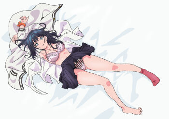 Rule 34 | 1girl, arms behind back, black hair, black skirt, blue eyes, bra, breasts, cardigan, cleavage, commentary request, crossed arms, from above, full body, gluteal fold, gridman universe, highres, long hair, long sleeves, looking at viewer, lying, medium breasts, messy hair, miniskirt, on back, open cardigan, open clothes, orange scrunchie, panties, parted lips, pink bra, pink panties, pleated skirt, red socks, school uniform, scrunchie, single sock, skirt, socks, solo, soratorakugaki, ssss.gridman, takarada rikka, underwear, upskirt, white cardigan, wrist scrunchie