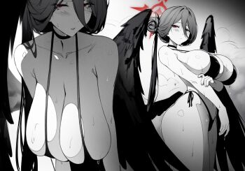 1girl bikini black_bikini black_choker black_hair black_wings blue_archive breasts choker commentary english_commentary feathered_wings hair_between_eyes halo hanging_breasts hasumi_(blue_archive) hasumi_(swimsuit)_(blue_archive) highleg highleg_bikini highres holding_own_arm huge_breasts jotmanlol long_hair_between_eyes looking_to_the_side loosely_tucked_bangs low_wings multiple_views official_alternate_costume official_alternate_hairstyle oversized_wings red_eyes red_halo standing sweat swimsuit wings