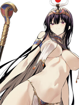 1girl ancient_egyptian_clothes armlet bare_shoulders black_hair blush breast_curtains breasts closed_mouth covered_erect_nipples haite_kudasai_takamine-san hiiragi_yuuichi jewelry large_breasts long_hair looking_at_viewer navel red_eyes simple_background smile solo stomach takamine_takane white_background