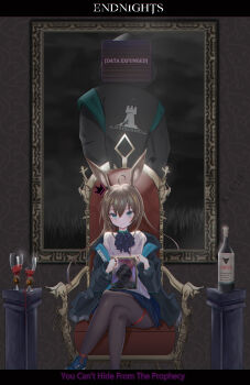 Rule 34 | 1girl, absurdres, ahoge, amiya (arknights), animal ears, arknights, bad id, bad pixiv id, blue eyes, blue shoes, bottle, brown hair, chair, commentary, cup, doctor (arknights), drinking glass, feet out of frame, hair between eyes, highres, huge filesize, jacket, long hair, long sleeves, looking at viewer, off shoulder, open clothes, open jacket, picture frame, rabbit ears, shirt, shoes, sitting, smile, solo, spoilers, white shirt, xxdentera