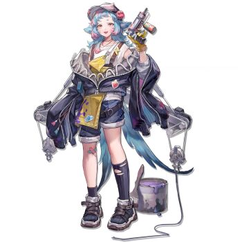 1girl animal_ears apron arknights asymmetrical_legwear bandaid bandaid_on_knee bandaid_on_leg baseball_cap belt binder_clip bird_ears bird_girl bird_tail black_belt blue_hair blue_jacket blue_shorts blue_socks erkai full_body gloves hat highres holding holding_paintbrush jacket jewelry long_sleeves looking_at_viewer medium_hair mismatched_socks multicolored_hair necklace official_art oversized_jacket paint_can paint_on_body paint_on_clothes paintbrush pink_hair pulley ribbed_socks sandals shirt shorts sidelocks simple_background sleeve_zipper sleeveless sleeveless_shirt smile socks solo standing stuffed_animal stuffed_bird stuffed_toy suspenders tachi-e tail teeth third-party_source tippi_(arknights) tongue torn_clothes torn_socks transparent_background two-tone_hair uneven_legwear upper_teeth_only white_sandals white_shirt wire yellow_apron yellow_eyes yellow_gloves