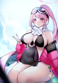 absurdres bare_shoulders bikini bird black_bikini blue_archive blush breasts commentary eimi_(blue_archive) eimi_(swimsuit)_(blue_archive) feet_out_of_frame goggles goggles_on_head halo high_ponytail highres jacket jacket_partially_removed large_breasts light_smile long_hair looking_at_viewer official_alternate_costume open_clothes open_jacket padded_jacket penguin pink_eyes pink_hair pink_jacket ponytail rakakim21112 side-tie_bikini_bottom sitting ski_goggles swimsuit thick_thighs thighs v very_long_hair