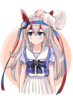 1girl 1other absurdres animal_ears blue_eyes blue_hairband blush bow bowtie closed_mouth commentary_request dot_mouth ear_covers grey_hair hair_between_eyes hairband headband headpat highres horse_ears horse_girl long_hair multicolored_hairband ooeyama pleated_skirt puffy_short_sleeves puffy_sleeves purple_bow purple_bowtie purple_shirt red_headband sailor_collar sailor_shirt school_uniform shirt short_sleeves skirt smile striped_clothes striped_hairband tamamo_cross_(umamusume) tracen_school_uniform two-tone_hairband umamusume very_long_hair white_sailor_collar white_shirt white_skirt