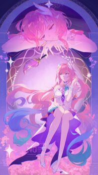 1girl 2girls absurdres aqua_hair bare_shoulders breasts commentary cyrene_(honkai:_star_rail) cyrene_(ripples_of_past_reverie)_(honkai:_star_rail) diamond-shaped_pupils diamond_(shape) dress dual_persona hair_ornament high_heels highres holding holding_quill honkai:_star_rail honkai_(series) large_breasts long_hair multicolored_hair multiple_girls pink_hair pointy_ears purple_eyes quill solo symbol-shaped_pupils very_long_hair whaliewynd white_dress white_hair