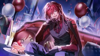 Rule 34 | 1boy, alcohol, balloon, black gloves, box, cake, cake slice, champagne, champagne flute, cityscape, confetti, couch, cup, drinking glass, food, gift, gift box, gloves, green eyes, hair between eyes, hand on own chin, happy birthday, highres, holding, holding gift, jacket, jacket on shoulders, lauren iroas, lauren iroas (4th costume), light rays, long hair, looking at viewer, male focus, night, nijisanji, on couch, open mouth, ponytail, red hair, red shirt, shirt, side ponytail, sitting, sky, skyline, smile, solo, strawberry shortcake, streamers, teeth, vest, virtual youtuber, waistcoat, window, yuki07071006