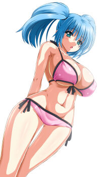 1girl :o alternate_costume arms_behind_back bikini blue_eyes blue_hair breasts copyright_name cosmic_break kumashiro_izuta large_breasts lily_rain long_hair looking_at_viewer open_mouth swimsuit twintails