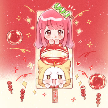 +_+ 1girl :q ahoge animal artist_request bow bowtie brown_eyes cat closed_mouth clothed_animal copyright_name dot_nose ear_covers food-themed_hair_ornament food_request foodification gradient_background hair_ornament hands_on_own_cheeks hands_on_own_face happy head_only highres hood hood_up light_blush light_particles long_hair long_sidelocks momo_(nikki) nikki_(nikki) nikki_(series) notice_lines official_art open_mouth outline pink_hair red_background red_bow red_bowtie red_outline second-party_source shining_nikki sidelocks smile sparkle sparkling_eyes straight-on tareme tongue tongue_out traditional_bowtie two-tone_background v-shaped_eyebrows wavy_hair white_cat yellow_background yellow_hood