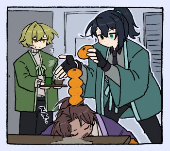 Rule 34 | 3boys, aqua eyes, black eyes, black gloves, black hair, blonde hair, brown hair, commentary, cup, fingerless gloves, food, fruit, full-stop office (identity) (project moon), gloves, hair intakes, haori, heathcliff (project moon), heterochromia, high ponytail, highres, holding, holding tray, hong lu (project moon), indoors, japanese clothes, kotatsu, limbus company, mandarin orange, multiple boys, nantekottawo!!, ponytail, project moon, sinclair (project moon), stacking, steam, symbol-only commentary, table, teapot, tray, yellow eyes, yunomi