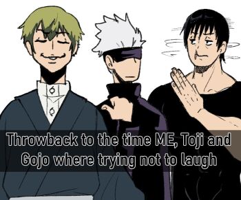 Rule 34 | 3boys, black hair, black jacket, blindfold, blonde hair, colored tips, fushiguro touji, gojou satoru, high collar, ishowspeed trying not to laugh (meme), jacket, japanese clothes, jujutsu kaisen, jujutsu tech uniform, meme, multicolored hair, multiple boys, multiple piercings, muscular, muscular male, pointing with thumb, scar, scar on face, scar on lip, scar on mouth, shaking head, shosei, wanderjegson, white hair, zen'in naoya