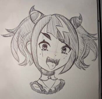 1girl 3am absurdres cc_silverheart choker collarbone commentary coqui_saporana cropped_shoulders diagonal_bangs english_commentary freckles greyscale hair_horns hatching_(texture) highres jewelry monochrome multicolored_hair necklace open_mouth pen_(medium) piercing scar scar_across_eye scar_on_face sharp_teeth sidelocks simple_background sketch smile solo streaked_hair teeth tongue tongue_out tongue_piercing traditional_media twintails upper_teeth_only virtual_youtuber white_background