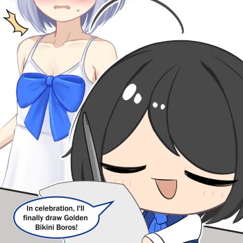 1boy 1girl :d ^^^ ahoge artist_self-insert bare_arms bare_shoulders basher black_hair blue_bow blush boros_(ouro_kronii) bow chest_bow chibi closed_eyes collarbone crossdressing dress english_text grey_hair highres holding holding_pen hololive hololive_english mini_person minigirl open_mouth paper pen personification simple_background smile spaghetti_strap speech_bubble trap virtual_youtuber wavy_mouth white_background white_dress writing