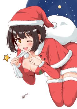 1girl ;d artist_name black_hair blush breasts capelet cleavage commentary_request dress fur-trimmed_capelet fur-trimmed_dress fur-trimmed_headwear fur-trimmed_sleeves fur-trimmed_thighhighs fur_trim hat highres holding holding_sack idolmaster idolmaster_cinderella_girls index_finger_raised large_breasts long_sleeves looking_at_viewer one_eye_closed open_mouth red_capelet red_dress red_hat red_thighhighs sack santa_costume santa_hat shikamax2 short_hair smile snowman_earrings solo star_(symbol) takafuji_kako thighhighs