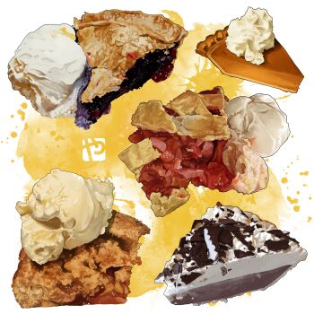 absurdres apple_pie blueberry_pie cherry_pie commentary english_commentary food food_focus highres ice_cream no_humans original pie pie_slice pumpkin_pie studiolg whipped_cream