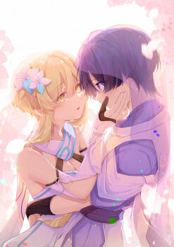1boy 1girl absurdres arm_cutout armor bare_shoulders black_gloves blonde_hair blue_eyes blue_flower blue_trim blunt_ends breasts cleavage clothing_cutout detached_sleeves dress falling_petals fingernails flower genshin_impact gloves gold hair_between_eyes hair_flower hair_ornament half-closed_eyes halterneck hand_on_another&#039;s_back hand_on_another&#039;s_cheek hand_on_another&#039;s_face hetero highres japanese_armor japanese_clothes kariginu kimono kote kurokote kykuma4 looking_at_another lumine_(genshin_impact) medium_breasts multicolored_flower open_hand open_mouth partially_fingerless_gloves petals pink_petals purple_hair purple_kimono purple_veil scaramouche_(genshin_impact) scaramouche_(kabukimono)_(genshin_impact) scarf see-through_clothes see-through_veil short_hair short_hair_with_long_locks side_cutout sidelocks sweatdrop twitter_username veil white_dress white_flower white_scarf white_sleeves yellow_eyes
