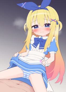 1boy 1girl alice_(ayanepuna) apron blonde_hair blue_bow blue_dress blue_eyes blush bow closed_mouth clothes_lift commentary_request dress dress_lift hair_between_eyes hair_ornament hairband hetero lifting_own_clothes loli long_hair original paid_reward_available panties puffy_short_sleeves puffy_sleeves short_sleeves solo_focus striped_clothes striped_panties underwear variant_set white_apron yuune_(ayanepuna)
