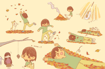 >_< 1boy 1girl :o autumn_leaves black_hair blue_footwear branch brown_pants dark-skinned_male dark_skin dog food green_shirt hector_(omori) highres holding holding_stick kel_(faraway)_(omori) kel_(omori) leaf long_hair long_sleeves mari_(faraway)_(omori) mari_(omori) marshmallow omori open_mouth pants roasted_marshmallow rolling shirt shoes short_hair sneakers stick sun_iiinu translation_request