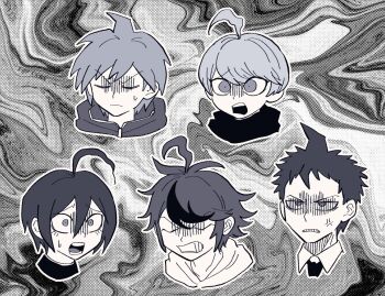 5boys ahoge anger_vein clenched_teeth closed_eyes creator_connection danganronpa:_trigger_happy_havoc danganronpa_(series) danganronpa_2:_goodbye_despair danganronpa_v3:_killing_harmony despair frown furukawa_(yomawari) greyscale head_only highres hinata_hajime male_focus master_detective_archives:_rain_code monochrome multicolored_hair multiple_boys naegi_makoto open_mouth saihara_shuichi short_hair streaked_hair sumino_takumi sweatdrop teeth the_hundred_line_-last_defense_academy- wide-eyed yuma_kokohead