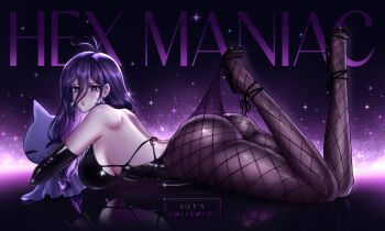 Rule 34 | 1girl, artist name, ass, back, backless leotard, backless outfit, bare shoulders, black pantyhose, black shoes, breasts, character name, commentary, earrings, elbow gloves, english commentary, fishnet pantyhose, fishnets, from side, gem, gen 3 pokemon, gloves, hair between eyes, hex maniac (pokemon), hex maniac (pokemon legends: z-a), high heels, highres, jewelry, lace pantyhose hooked on heel (meme), large breasts, leotard, lilys dollhouse, long hair, looking at viewer, looking to the side, lying, meme, nintendo, on stomach, pantyhose, pokemon, pokemon legends: z-a, purple eyes, purple gem, purple hair, shoes, shuppet, solo, strapless, strapless leotard, toenails