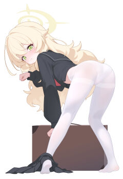 1girl absurdres ass black_skirt blonde_hair blue_archive blush green_eyes halo highres jiuchong_ying_fengxue loli long_hair looking_at_viewer pantyhose professor_niyaniya_(blue_archive) school_uniform skirt solo white_background white_pantyhose